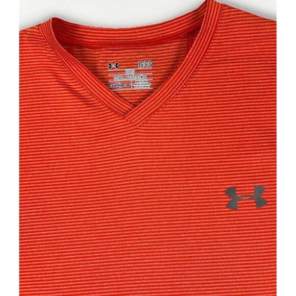 Under Armour ColdGear Fitted Long Sleeve Shirt Mens Large Orange Strip V Neck - Picture 3 of 8